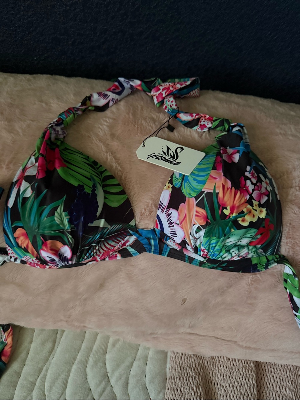 Sporlike Black Floral Lined Swim Top with Bottoms